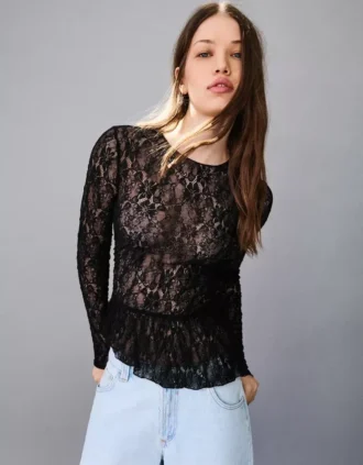 Long Sleeve Ruffled Blonde Lace T-Shirt