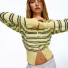 Striped Crew Neck Button-Up Jacket