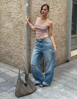Striped Metallic Thread Bandeau Top