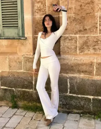 Technical Flared Trousers with Turn-Up Waist